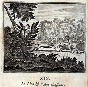 Løven og æseljagten. Fabler af Jean de La Fontaine (1621-95). Illustration af François Chauveau (1613-1676). Udgave af 1728. af Francois Chauveau