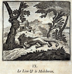 Løven og Fluefangeren. Fabler af Jean de La Fontaine (1621-95). Illustration af Francois Chauveau (1613-1676). Udgave af 1728. af Francois Chauveau