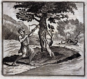 Løven og rotten. Fabler af Jean de La Fontaine (1621-95). Illustration af Francois Chauveau (1613-1676). Udgave af 1728. af Francois Chauveau