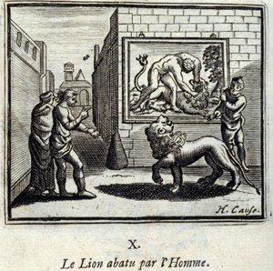 Løven skudt ned af Mennesket. Fabler af Jean de La Fontaine (1621-95). Illustration af François Chauveau (1613-1676). Udgave af 1728. af Francois Chauveau