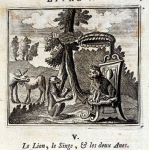 Løven Aben og de to Anes.Fables af Jean de La Fontaine (1621-95). Illustration af François Chauveau (1613-1676). Udgave af 1728. af Francois Chauveau