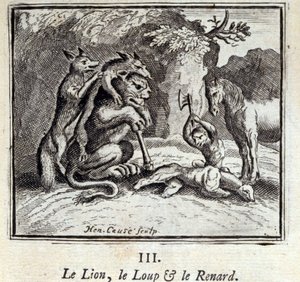 Løven, ulven og ræven. Fabler af Jean de La Fontaine (1621-95). Illustration af François Chauveau (1613-1676). Udgave af 1728. af Francois Chauveau