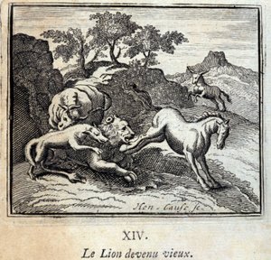 Løven blev gammel. Fabler af Jean de La Fontaine (1621-95). Illustration af Francois Chauveau (1613-1676). Udgave af 1728. af Francois Chauveau