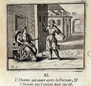Manden, der løber efter Fortune og Manden, der venter på ham i sengen. Fabler af Jean de La Fontaine (1621-95). Illustration af François Chauveau (1613-1676). Udgave af 1728. af Francois Chauveau