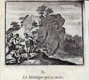 Bjerget føder. Fabler af Jean de La Fontaine (1621-95). Illustration af Francois Chauveau (1613-1676). Udgave af 1728. af Francois Chauveau