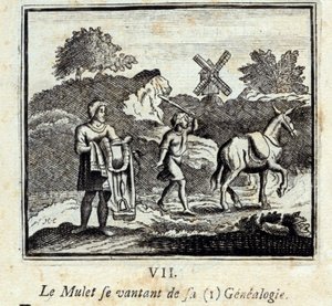 Multen praler med sin slægtsforskning. Fabler af Jean de La Fontaine (1621-95). Illustration af François Chauveau (1613-1676). Udgave af 1728. af Francois Chauveau