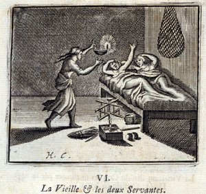 Den gamle Dame og de to Tjenere. Fabler af Jean de La Fontaine (1621-95). Illustration af François Chauveau (1613-1676). Udgave af 1728. af Francois Chauveau