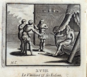 Den gamle mand og hans børn. Fabler af Jean de La Fontaine (1621-95). Illustration af François Chauveau (1613-1676). Udgave af 1728. af Francois Chauveau