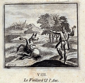 Den gamle mand og æslet. Fabler af Jean de La Fontaine (1621-95). Illustration af François Chauveau (1613-1676). Udgave af 1728. af Francois Chauveau