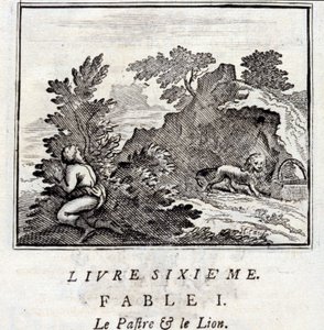 Patraen og Løven. Fabler af Jean de La Fontaine (1621-95). Illustration af François Chauveau (1613-1676). Udgave af 1728. af Francois Chauveau