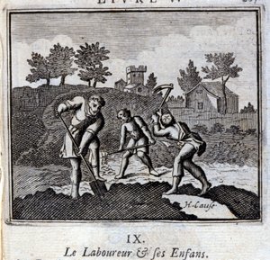 Ploureuren og hans børn. Fabler af Jean de La Fontaine (1621-95). Illustration af Francois Chauveau (1613-1676). Udgave af 1728. af Francois Chauveau