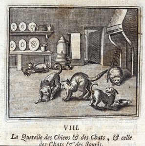 Hunde og kattes Querelle og katte og mus. Fabler af Jean de La Fontaine (1621-95). Illustration af François Chauveau (1613-1676). Udgave af 1728. af Francois Chauveau