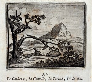 Ravnen, Gazellen, Skildpadden og Rotten. Fabler af Jean de La Fontaine (1621-95). Illustration af François Chauveau (1613-1676). Udgave af 1728.