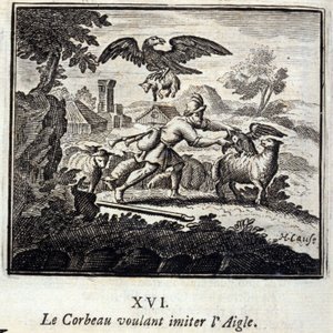 Ravnen ønsker at efterligne ørnen. Fabler af Jean de La Fontaine (1621-95). Illustration af François Chauveau (1613-1676). Udgave af 1728. af Francois Chauveau