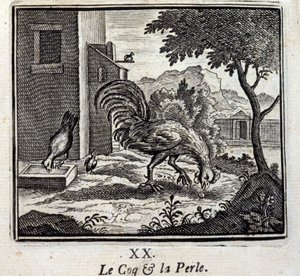 Hanen og Perlen. Fabler af Jean de La Fontaine (1621-95). Illustration af François Chauveau (1613-1676). Udgave af 1728.