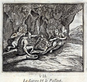 Satyren og passageren. Fabler af Jean de La Fontaine (1621-95). Illustration af François Chauveau (1613-1676). Udgave af 1728. af Francois Chauveau