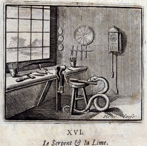 The Snake and the Lime.Fables af Jean de La Fontaine (1621-95). Illustration af Francois Chauveau (1613-1676). Udgave af 1728. af Francois Chauveau