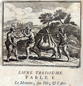 Sugeren hans søn og æslet. Fabler af Jean de La Fontaine (1621-95). Illustration af François Chauveau (1613-1676). Udgave af 1728. af Francois Chauveau