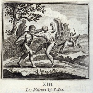 The Thieves and the Ane.Fables af Jean de La Fontaine (1621-95). Illustration af Francois Chauveau (1613-1676). Udgave af 1728. af Francois Chauveau