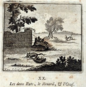 De to rotter, ræven og ægget. Fabler af Jean de La Fontaine (1621-95). Illustration af François Chauveau (1613-1676). Udgave af 1728.