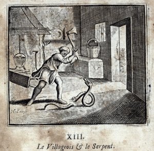 Landsbyboen og slangen. Fabler af Jean de La Fontaine (1621-95). Illustration af François Chauveau (1613-1676). Udgave fra 1728. af Francois Chauveau
