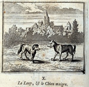 Ulven og den magre hund. Fabler af Jean de La Fontaine (1621-95). Illustration af François Chauveau (1613-1676). Udgave af 1728.