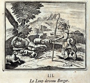 Ulven blev til Berger.Fables af Jean de La Fontaine (1621-95). Illustration af François Chauveau (1613-1676). Udgave af 1728. af Francois Chauveau