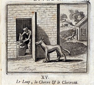 Ulven, Bukken og Bukken. Fabler af Jean de La Fontaine (1621-95). Illustration af François Chauveau (1613-1676). Udgave af 1728.