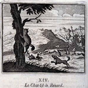 Katten og ræven. Fabler af Jean de La Fontaine (1621-95). Illustration af François Chauveau (1613-1676). Udgave af 1728. af Francois Chauveau