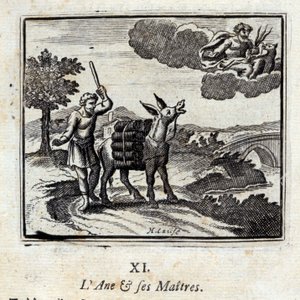 Æslet og dets herrer. Fabler af Jean de La Fontaine (1621-95). Illustration af François Chauveau (1613-1676). Udgave fra 1728. af Francois Chauveau