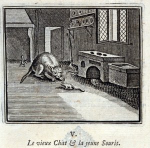 Den gamle kat og den unge mus. Fabler af Jean de La Fontaine (1621-95). Illustration af François Chauveau (1613-1676). Udgave af 1728.