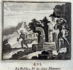 Skatmesteren og de to mænd. Fabler af Jean de La Fontaine (1621-95). Illustration af François Chauveau (1613-1676). Udgave af 1728. af Francois Chauveau