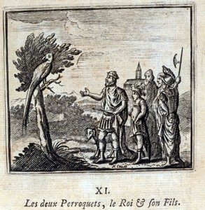 De to papegøjer kongen og hans søn. Fabler af Jean de La Fontaine (1621-95). Illustration af François Chauveau (1613-1676). Udgave af 1728. af Francois Chauveau