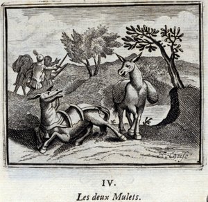 De to muldyr. Fabler af Jean de La Fontaine (1621-95). Illustration af François Chauveau (1613-1676). Udgave fra 1728. af Francois Chauveau