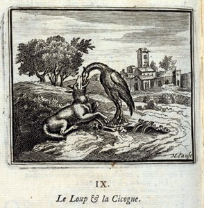 Ulven og storken. Fabler af Jean de La Fontaine (1621-95). Illustration af François Chauveau (1613-1676). Udgave af 1728. af Francois Chauveau
