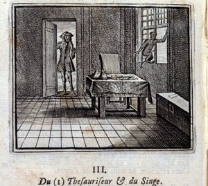 Tesaurizer og abe. Fabler af Jean de La Fontaine (1621-95). Illustration af François Chauveau (1613-1676). Udgave af 1728. af Francois Chauveau