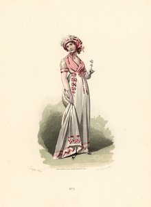 Kvinde i hvid kjole, pink fichu og corsage.