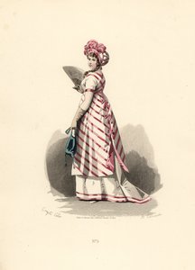 Kvinde i hvid kjole med pink kant, stribet forklæde.
