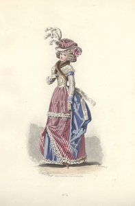 Kvinde i trefarvet outfit, Marie Antoinettes æra. af Francois Claudius Compte Calix