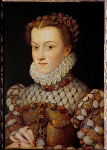 Portræt af Elisabeth af Østrig (1554-1592) Dronning af Frankrig, kone til Karl IX. Maleri af Francois Clouet (1515-1572) omkring 1571 Søn. 0,36x0,26 m - Portræt af Elisabeth af Østrig (1554-1592), dronning af Frankrig, kone til Karl IX. Maleri af Francois  af François Clouet
