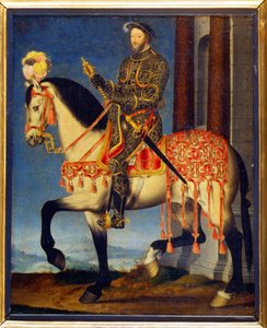 Portræt af Francois I til hest af François Clouet (ca. 1510 - 1572). Musee des Uffizi, Firenze - Rideportræt af Frans I af Frankrig (olie på panel)