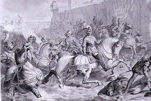 The Take of Calais af Frans, 2. hertug af Guise (1519-63) i 1558, indgraveret af Amedee Felix Barthelemy Geilee (1802-43) (gravering) af Francois Edouard (after) Picot