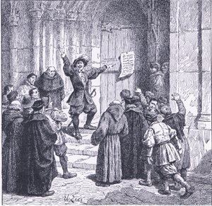Robert Aske anbringer sin proklamation på døren til York Minster, fra Cassells History of the British People udgivet af Waverley Book Company, ca. 1950