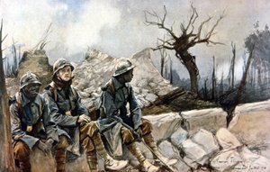 3 franske soldater sidder foran ruinerne af Dampierre-kirken. Krig 1914 - 1918. Maleri af Francois Flameng (1856-1923). Paris, Musee de l