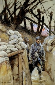 Første Verdenskrig: "" En soldat af suppekorvee i skyttegraven Notre-Dame-de-Lorette 28/06/1915"" Akvarelmaleri af Francois Flameng (1856-1923) Juni 1915 Søn. 0,3x0,48 m Paris, Musee de l