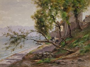 På kanten af Genevesøen (akvarel på papir) af Francois Furet