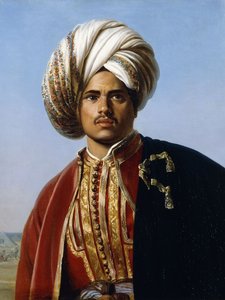 Portræt af en osmannisk prins, halvlængde, i rødt og guld, af Francois Henri Alexandre La Fond