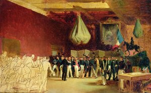 Deputeretkammeret præsenterer for hertugen af Orleans, Louis Philippe I (1773-1850), handlingen, der kalder ham til tronen og charteret af 1830, på det kongelige palads, den 7. august 1830