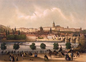 Udsigt over det lille kvarter og Prags borg Hradcany, ca. 1845 af Francois Joseph Sandmann