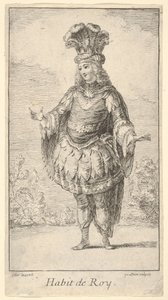 Habit de Roy: en mand iført en tonnelet dekoreret med rosetter, en krone og en turban med..., ca. 1721.